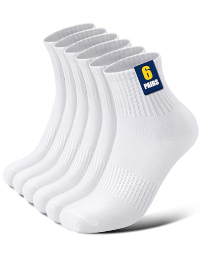 Huglux 6 Paar Tennissocken, Baumwolle Socken Herren Damen, Atmungsaktive Sportsocken, Quarter Sneaker Socken, Halbhoch Arbeitssocken, Kausal Crew Socken, Outdoor Laufsocken & Wandersocken(Weiß)