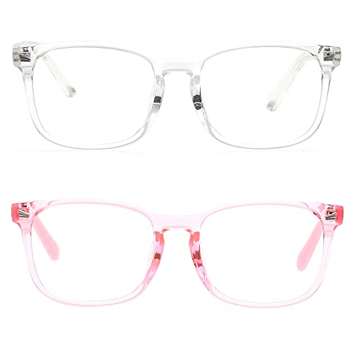 Teumire Kids Blue Light Blocking Glasses for Boys Girls Square Computer Gaming Unbreakable TR90 Eyeglasses 2 Pack(Transparent+Pink)