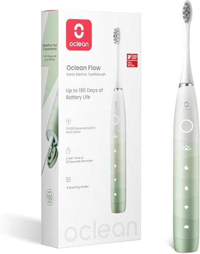 Oclean Flow Sonic Electric Toothbrush, 180 Days Battery Life, 76000 VPM Motor, 5 Modes, IPX7 Waterproof, 2 Min Timer & 30s Reminder, USB C Rechargeable, Green