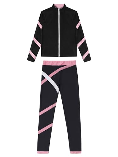 Kids Girls Long Sleeve Figure Skating Jacket with Pants Set 2 Piece Tracksuit Ice Skating Gym Running Sports Suit3