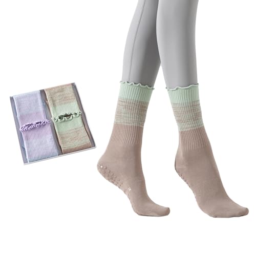 Image of 2 /4 Pairs Pilates Socks with Grips for Women,Cute Grippy Yoga Non Slip Ruffle Sock for Ballet Barre Barefoot Hospital Workout