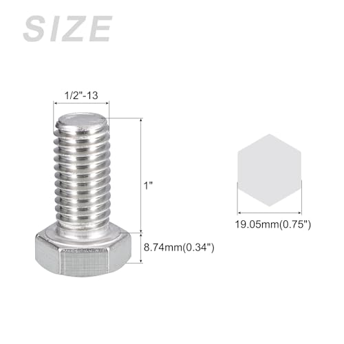 Image of METALLIXITY Hex Head Bolts (1 /2-13 x 1) 6Pcs, 304 Stainless Steel 18-8, Fully Threaded, External Hex Drive, Plain Finish, Hex Head Screw Bolt, Silver