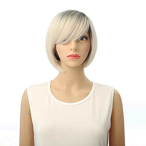 FAELBATY Short Bob Wig with Bangs Women’s Short Wig Synthetic Cosplay Wig for Girl Costume Wigs (8"Dark ombre white gold)