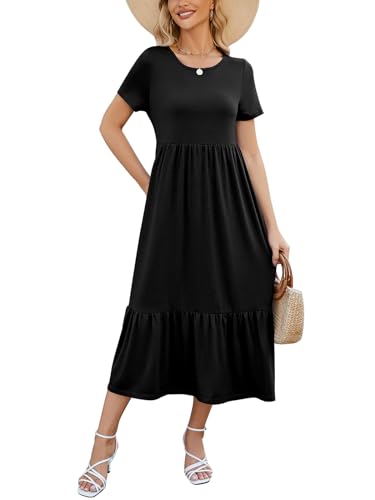 Gracyoga Women's Summer Maxi Dress 2025 Casual Short Sleeve Crewneck Flowy Swing Tiered Long Beach Dresses with Pockets3