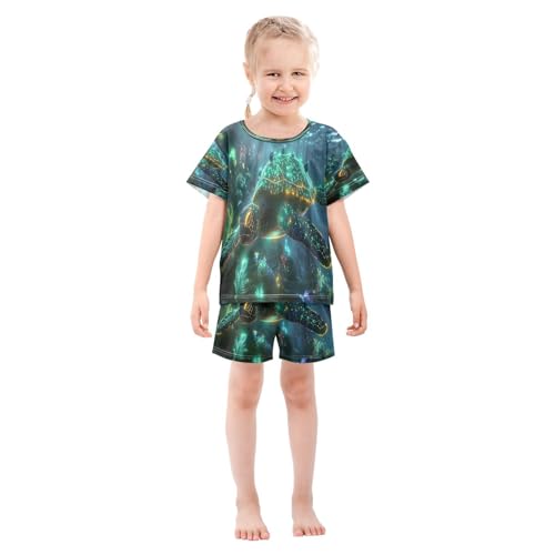 ALAZA Glowing Turtle Ocean Sea Pajamas Set Short Sleeve Cotton Sleepwear Summer Pjs 2 Piece 5-14Y3