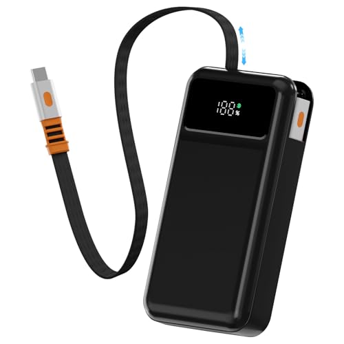 LUCKYDUO Power Bank 10000mAh with Built-in 2.3ft Retractable Cable, Travel Essentials Portable Charger, Fast Charging USB C Battery Pack LED Display, for iPhone 16/15/Pro,Samsung and More(Black)