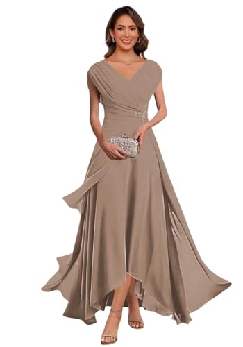 Tea Length Mother of The Bride Dresses for Women Cap Sleeves Chiffon V-Neck Pleated Wedding Guest Dress