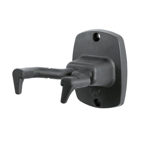 K&M 16240 Gitarren-Wandhalter Schwarz - patentiertes Einhängesystem mit Zapfen, Gummipolstern - für asymetrische Kopfplatten