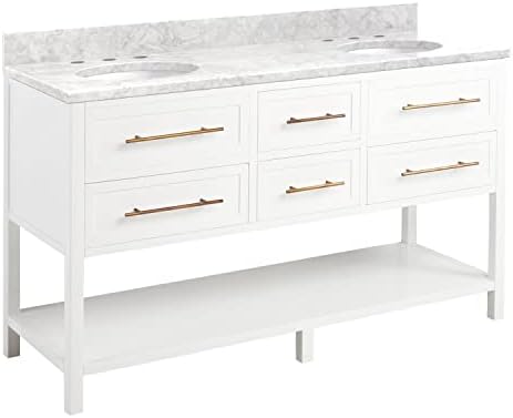 Signature Hardware 953332-60-UM-8 Robertson 60" Freestanding Mahogany Double Basin Vanity Set with Cabinet, Vanity Top, and Oval Undermount Sinks - 8" Faucet Holes - Bright White/Carrara