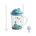 Taza de Leche con Pajita, Tazas para Medición, con tapa, funda inferior antideslizante y pajita de silicona, para té de jugo de leche, para microondas, 400 ml (Pez Azul)