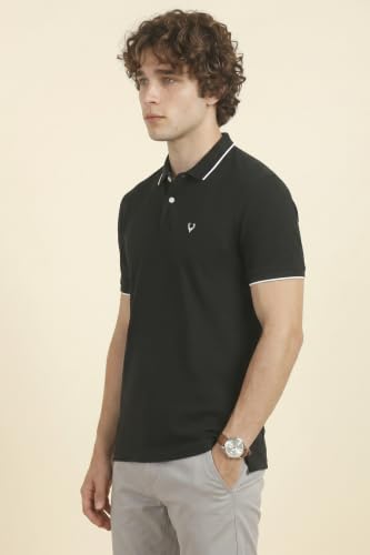 Image of Allen Solly Mens Solid Cotton Blend Polo T-Shirt | Regular Fit | Premium Fabric | Signature Sleeve Detail | Smart Casual Wear