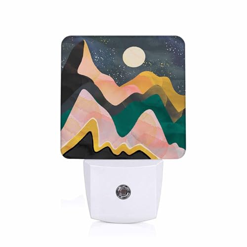 Image of LED Night Light,Mountains Night Sky Moon Colorful Illustration LED Night Light Plug into Wall with Dusk to Dawn Light Sensor White Energy Efficient Nightlight for Hallway Living Room Kitchen