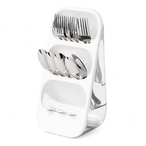 Image of Kitchen Utensil Holder with Drain Tray & Dustproof Cover | 3 Compartment Cutlery Organizer | Self Draining Countertop Storage Rack for Spoons Forks Chopsticks Kitchen Accessories (White)