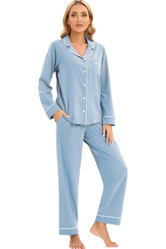Image of LUBOT 100% Cotton Pajamas Set for Women PJ Set Soft Long Sleeve Button-Down Shirt PJ Two-piece Set Warm Night Suit Sleepwear Loungewear (Baby Blue, XS)