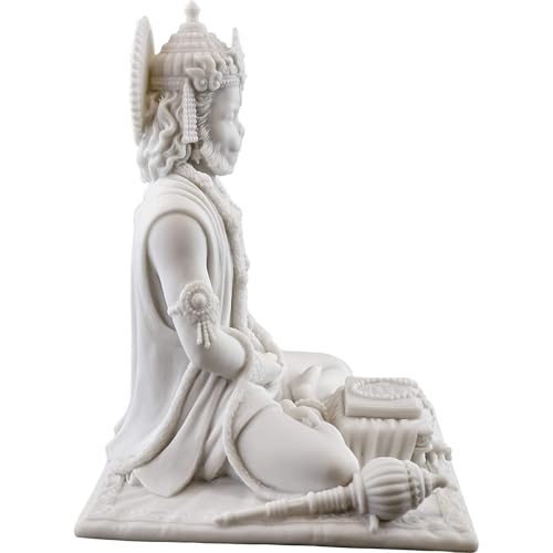 Image of Karigaari India White Marble Finish Hanuman Idol Sitting in Meditation Pose | Bajrangbali Murti for Home Temple Office Car Dashboard | Decorative Spiritual Figurine for Puja & Gifting