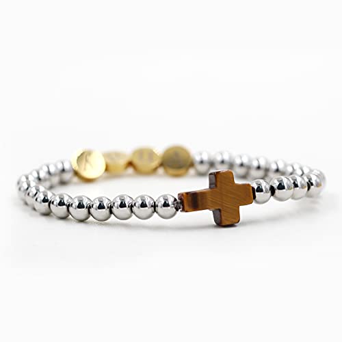 Image of Uloveido Black Agate Side Cross Bracelet Mustard Seed Charms, Personalized Letter A-Z Tiger's Eye Bangle Y944