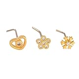 Niaspi 3Pcs 20G Surgical Steel Nose Rings Studs for Women Gold L-Shaped CZ Heart Flower Snowflake Nose Studs Ring Dainty Nostril Piercing Jewelry