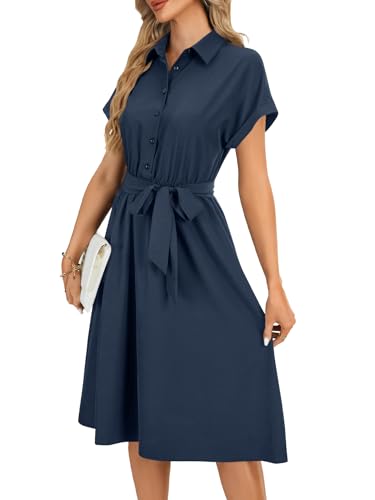 LYANER Women's Collar V Neck Button Front Tie Waist Short Sleeve Ruffle Hem Midi Dress3