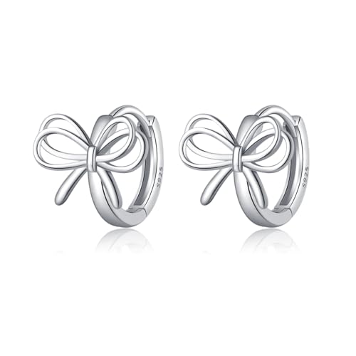 Image of Reffeer Solid 925 Sterling Silver Bow Hoop Earrings Ribbon for Women Girls Bowknot Hoop Earrings Huggie