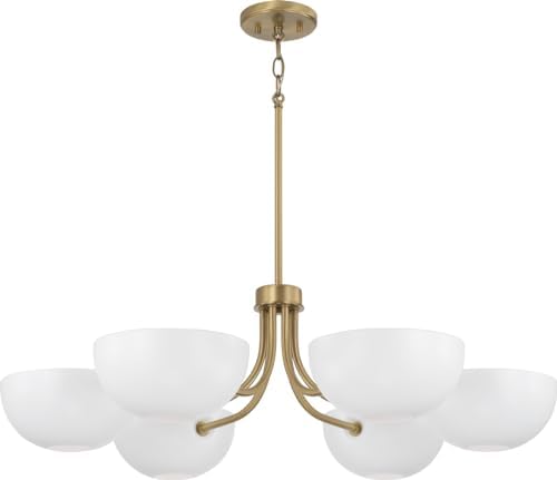 Capital Lighting 451461AW Reece Modern Retro/Vintage Art Deco Matte White Metal Shades Chandelier, 6-Light 360 Total Watts, 10" H x 34" W, Aged Brass and White