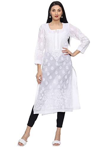 Ada Indian Hand Embroidery Women's Chikankari Cotton Kurta Kurti Tunic S220999 White