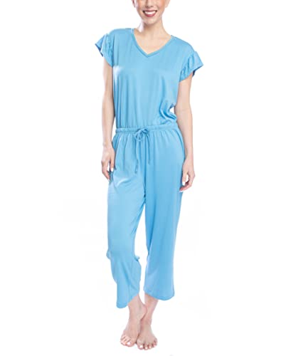 Hanes Women's Cottage Staycation Pajama Set, Ruffle V-Neck Sleeve Tee 22" Cropped Pajama, Blue, Small #TOP1