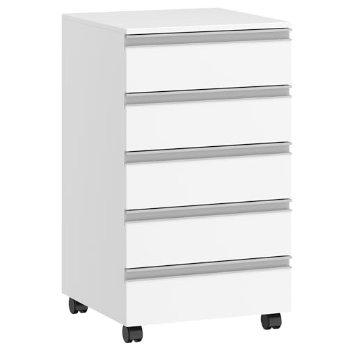 Hzuaneri Rollcontainer, mobiler Aktenschrank, Schubladenschrank mit 5 Schubladen, Lagerschrank für Büro und Homeoffice, Weiß 40 x 40 x 70 cm FC55503X