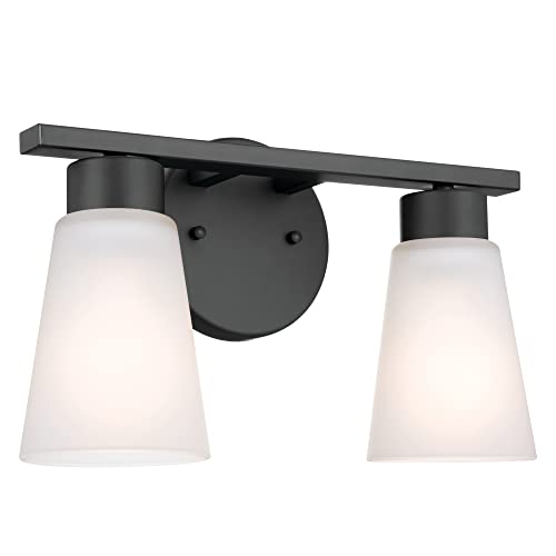 Image of Kichler Stamos 2-Light Bathroom Vanity Light Fixture with Satin Etched Glass Shades, Modern Wall Light in Black for over Mirror Lighting Installation, 13 in x 8 in x 5 in, 55120BK