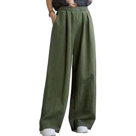 Aeneontrue Women's Linen Wide Leg Long Pants 2024 Casual Elastic Waist Summer Palazzo Trousers with Pockets Army Green Large Cover