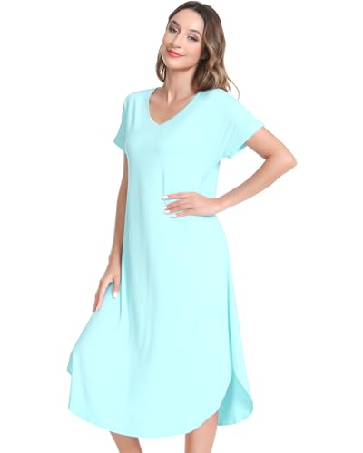 Image of NACHILA Nightgowns for Women-Viscose Made from Bamboo, V Neck Sleepshirts Short Sleeve Sleepwear Cool Nightshirt