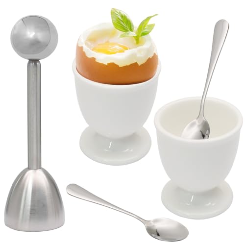 Image of 5 Pcs Ceramic Egg Cup & Egg Topper Cutter Set for Soft Boiled Eggs | Include 2 White Porcelain Egg Cups, 1 Stainless Steel Egg Cutter, 2 SS Spoons in Kitchen for Breakfast Cooking /Gift Childhood