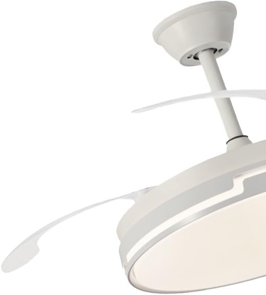 NARVI ceiling fan with blades partially extended, showing the white chassis and the LED light panel.
