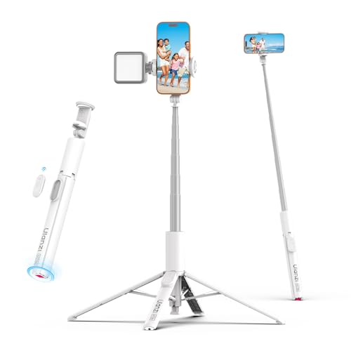 Image of ULANZI MT86, 60 inch Automatic Phone Tripod Stand with Wireless Remote, Adjustable Auto‑Open Selfie Stick for iPhone Android, Portable Extendable Travel Tripod for Selfie /Vlogging, White | Auto-Open Anti-Slip Base Aluminum Stand with Cold Shoe Bluetooth Controller, Lightweight for vlog TikTok Live Stream Travel