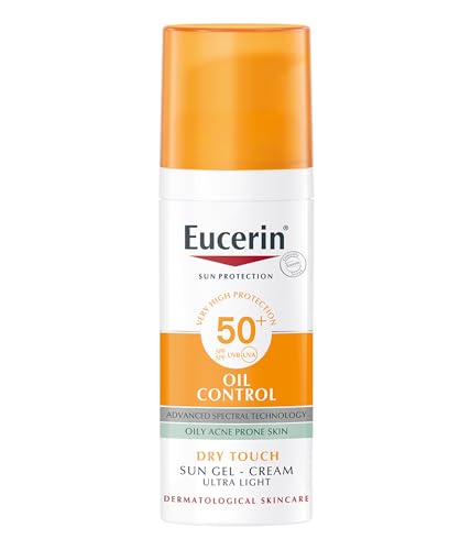 Eucerin Oil Control Sun Gel-Cream Dry Touch SPF 50+ 50ml Unscented Sun Protection Gel for Sensitive Oily and Acne-Prone Skin Fast-Absorbing Sunscreen with UV Filter