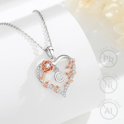 Rose Heart Initial C Ketting voor Vrouwen Letter C Alfabet Initial Kettingen Koper Rhodium Plated Hanger met Kubieke Zirkonia, Initialen Sieraden Geschenken voor Vrouwen Vrouw 18 - Afbeelding 3