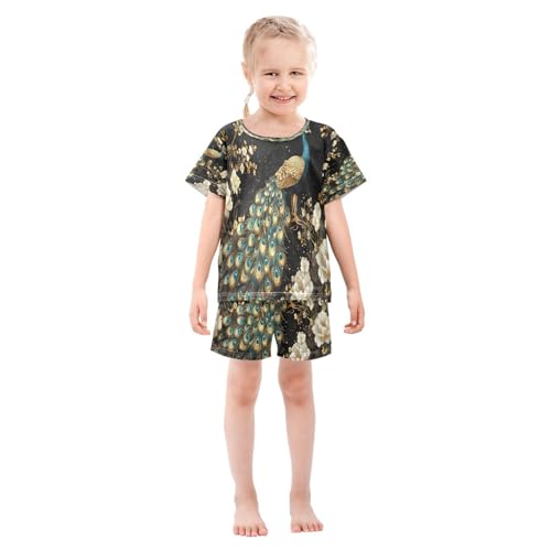 ALAZA Peacock Art Bird Blossom Peony Pajamas Set Short Sleeve Cotton Sleepwear Summer Pjs 2 Piece 5-14Y3