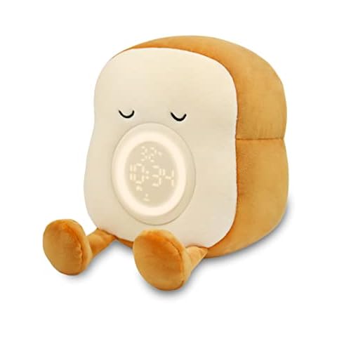 Aedcbaide Kids Alarm Clock,Stuffed Plushies Cute Toast Trainer Clock,Dual Alarm Clocks with Snooze,Rechargeable & Dimmable Wake Up Light & Night Light,Night Light Kids with Phone Holder Cover
