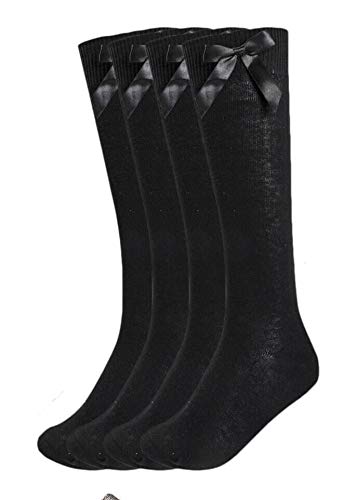 LE11 3 pares de calcetines altos hasta la rodilla para niñas, color blanco, gris, negro, azul marino, calcetines de escuela secundaria con cintas y lazos