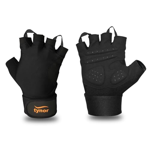 TYNOR Training Gym Gloves Padded Weight Lifting Gloves with Wrist Wrap Extra Grips Adjustable Full Palm Protection Fitness Fingerless Glove for Men & Women, Crossfit, Climbing,1 Pair