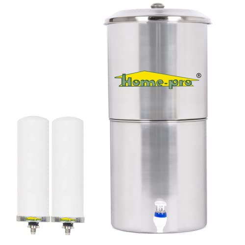 Home-Pro - Gravity Water Filter and Purifier | 21 Liters Total Capacity (11L Bottom & 10L Top) Made with Stainless Steel |Includes 2 Creamic Long Candle and Food Grade Plastic Tape