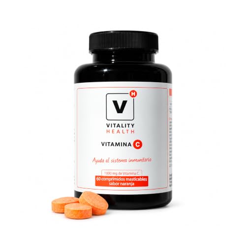 Vitality Health Vitamina C 1000 mg Masticable, 60 Comprimidos (2 Meses) | Sabor naranja, contribuye al sistema inmunitario y a reducir el cansancio y la fatiga, con ácido ascórbico y ascorbato sódico