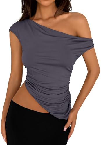 PRETTYGARDEN Womens Off The Shoulder Y2K Tops 2026 Summer Sleeveless Asymmetrical Ruched Going Out...