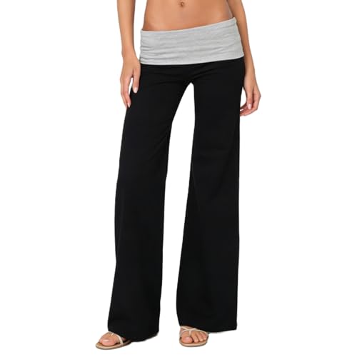 Image of Lounge Yoga Pants for Women Fold Over Low Waist Wide Leg Bell Bottoms | Y2K Foldover Pants, Flare Leggings, Low Rise Yoga Sweatpants