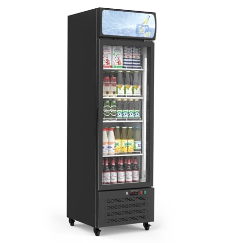 Image of Commercial Display Refrigerator with Single Glass Door, 11.3 Cu.Ft Upright Beverage Cooler with Adjustable Shelves, Soft LED Lighting, Merchandiser Fridge for Home, Restaurant, and Garage, Black | Upright Beverage Cooler, Adjustable Shelves, Soft LED Lighting, For Home, Restaurant, and Garage