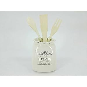 Kasahome Kooklepelset van keramiek, 3 keukengerei van hout, wit, shabby 26 x 10 cm