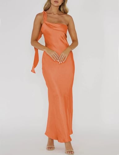 Image of 2026 Satin One Shoulder Maxi Dress for Women Summer Silk Formal Elegant Backless Ruffle Sleeveless Wedding Guest Dresses