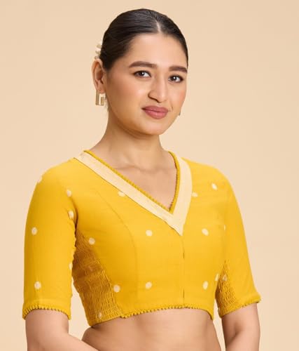 Image of Studio Shringaar Women's Mustard Yellow Handloom Cotton Stretchable (Smocked) Readymade Saree Blouse