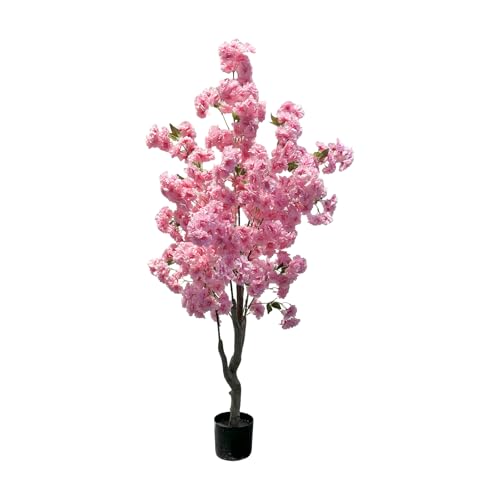 Garveehome Pink Cherry Blossom Tree, 5ft Tall Decorative Artificial Cherry Blossom Tree in Plastic Pot for Indoor Outdoor Home Office Party Wedding Housewarming Gift (Single Pole)