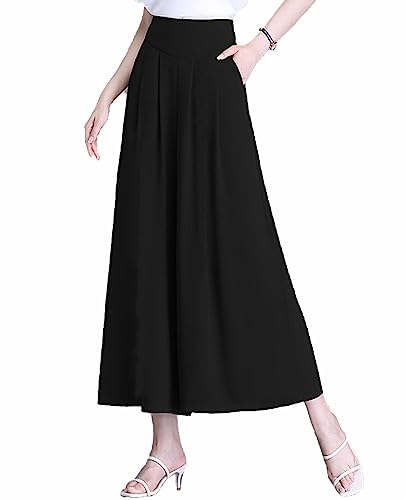 ThCreasa Womens Solid Back Elastic Waist Culottes Pants Cotton Linen Wide Leg Palazzo Cropped Trousers with Pockets