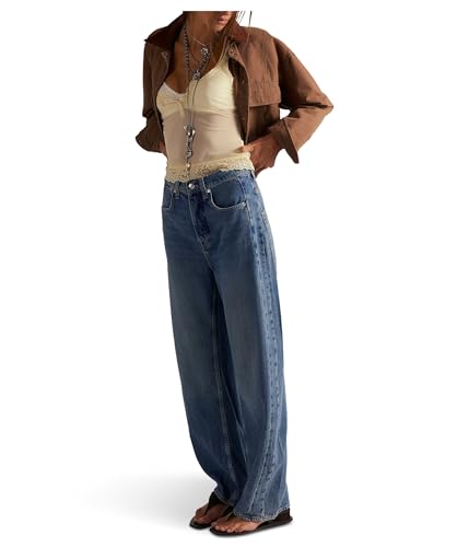 Free People Womens We The Free Truro Baggy Puddle Jeans Water Stoned Blue 25 Inseam: 29
